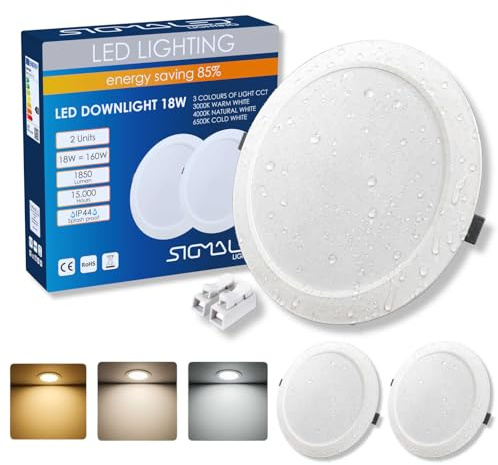 Sigmaled lighting – Pack 2 Focos LED Empotrables 18W 1850 lm, 3 Temperaturas 3000K 4000K 6000K, IP44 Baño, Ultrafinos, Corte Ø187–210 mm, 220–240V, Techo Pladur, Interior y Exterior Cubierto