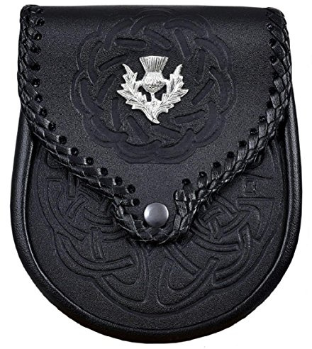 KSUC- Kilt Sporran de cuero negro escocés con doble relieve y cinturón