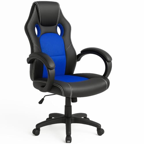 BAKAJI Sedia Sportiva Poltrona Direzionale da Ufficio 4 Ruote Girevole 360° Modello Racer Gaming Design Extra Lusso in Ecopelle Nero e Tessuto Blu