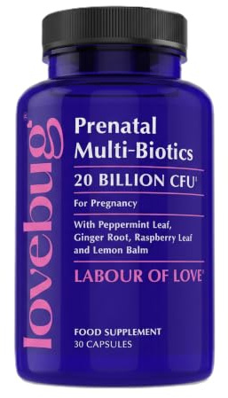 LOVEBUG Prenatal Probiotic Supplement - 7 Probiotics & Prenatal Vitamins for Women, 20 Billion CFU, with Soothing Peppermint, Ginger, Raspberry Leaf and Lemon Balm. 30 Capsules
