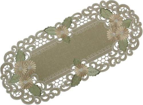 Quinnyshop Tischdecke Tischläufer Set Leinen-Optik Blumen Stickerei ca. 40x90 cm Oval Polyester, Grün-Beige