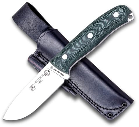 Joker Cuchillo deportivo de Supervivencia Ursus CV116-P, con mango Micarta Canvas Verde, hoja de 10 cm Böhler, con funda piel y pedernal, Herramienta de pesca, caza, camping y senderismo