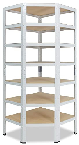 shelfplaza® 230x70x45cm HOME Eckregal Schwerlast weiß/Metallregal Eckregal stehend 7 Böden je 125kg Tragkraft/Corner Shelf Schwerlastregal Ecke/Steckregal Schwerlastregal Eckregal