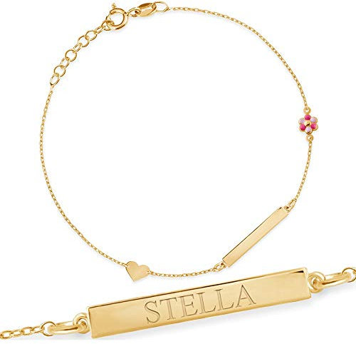 Maverton ID Kinderarmband 925 Silber mit Namen + personalisierte Geschenkbox mit Gravur - Armband mit Herzen und Blume - zur Geburt Taufe Geburtstag - Länge: 13-17 cm - silber/vergoldet - vergoldet