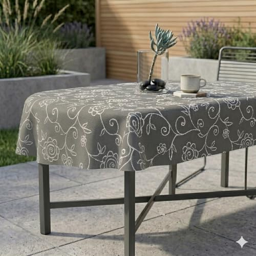 Miami Gartentischdecke Tischdecke Meterware Outdoortischdecke Campingtischdecke Mediterran Grau Oval 160 x 200 cm Outdoor Camping