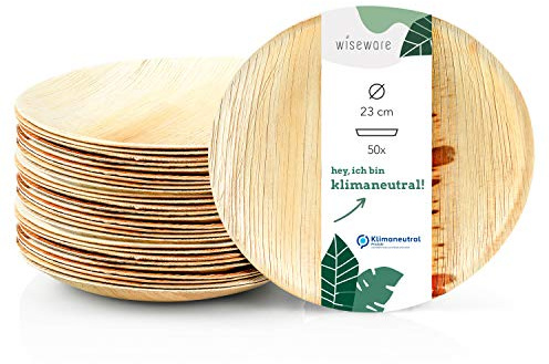 Wiseware Palmblatt Teller – 50 Stück Einwegteller rund Ø 23 cm – biologisch abbaubares Palmblatt Geschirr – kompostierbares Einweggeschirr für Party, Hochzeit, Camping – Bio Einweg Teller