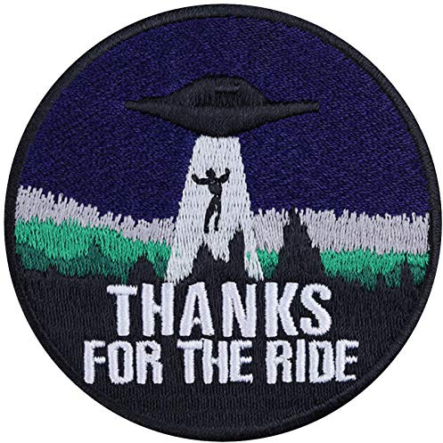 UFO tygmärke alien påstrykning lapp biker Thanks for the ride roliga strykbilder att sy på | Conspiracy sci--Fi applikation för jackor/läder/jeans/väskor | 75 x 75 mm