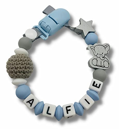 FLUFFY CLOUDS Dummy Clip Personalized Pacifier Holder Soother Strap Stroller Chain | Silicone and Wooden | Baby Girls Boys | Elephant (Natural)
