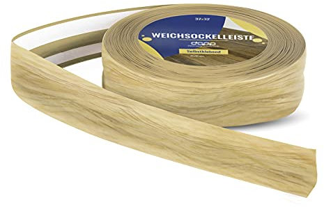 DQ-PP Listón de calcetines blandos, 25 m, roble claro, 32 x 23 mm, PVC, autoadhesivo, ángulo de pliegue, rodapiés, rodapiés, rodapiés, perfil angular, listón de cierre