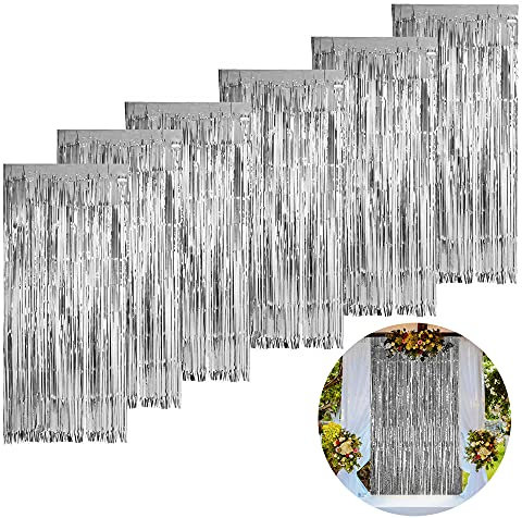 Yaclonq 6 Stück Lametta Vorhänge, Goldfolie Glitzer Folie Fransen Lametta Vorhang 1 x 2.5 m, Schimmer Metallic Tinsel für Hintergrund Dekoration,Partydekor Geburtstags,Faschingsdeko,Silbrig