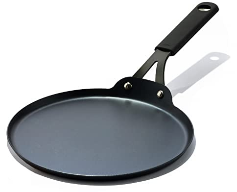 OXO Obsidian Pre-Seasoned Carbon Steel, 10 Crepe and Pancake Griddle Pan with Removable Silicone Handle Holder, Induction, Oven Safe, Black