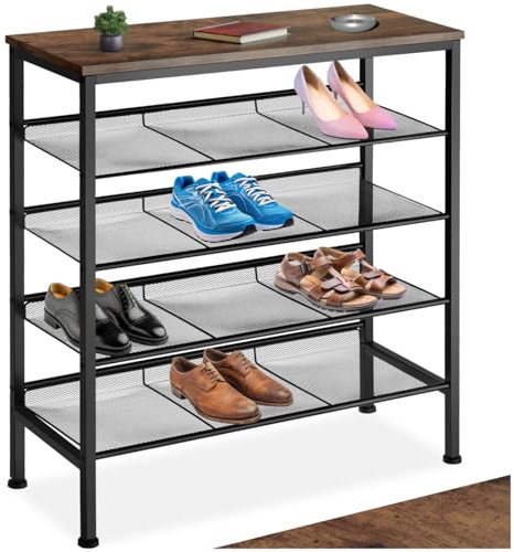 tectake® Scarpiera 75,5x30,5x85,5 cm, Scarpiera Ingresso, 4 Ripiani Rete, Scaffale Scarpe Uomo, Scarpe Donna, Mobile Organizer Ingresso Corridoio Soggiorno, Stile Industriale - Legno Scuro