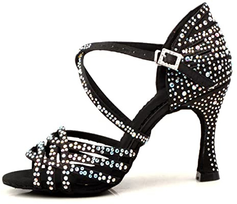 LITNERMIA Femmes Peep Toe clouté Strass différentes Couleurs Mariage fête Sandales Tango Chaussures de Danse Latine,B Satin Noir 9cm Talon,39 EU