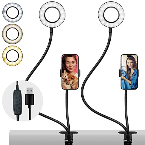 LS Photography [2 Pack] Clip on Selfie Ring Light Stand with Phone Holder, Flexible Arms for Video Photography Desk Lamp Bedroom, LGG875