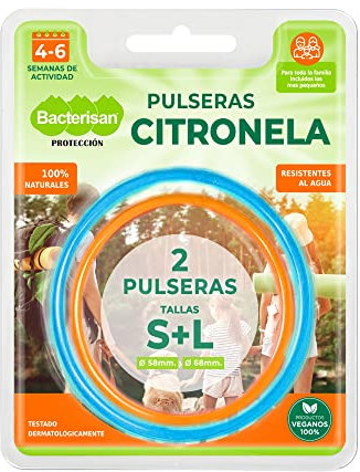 Bacterisan Pulseras Repelentes, con Citronela, Blister 1 Talla L + 1 Talla S