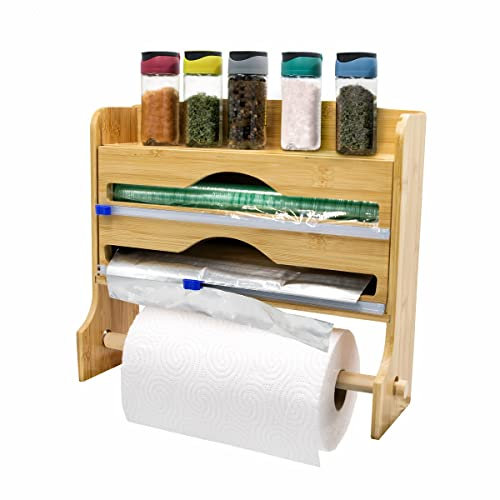 ELECTROHOGAR Portarotolo, Dispenser di Alluminio, Pellicola e Porta Spezie | 4 Funzioni in 1 | Porta Rotolo da Cucina Da Parete | Design in Legno