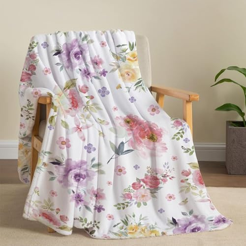 Tupmnbry Watercolor Flower Throw Blanket Colorful Botanical Floral Printed Blanket Super Soft Flannel Throw Blankets Lightweight Fluffy Plush Fuzzy Bed Blankets for Bedding Sofa 60X80