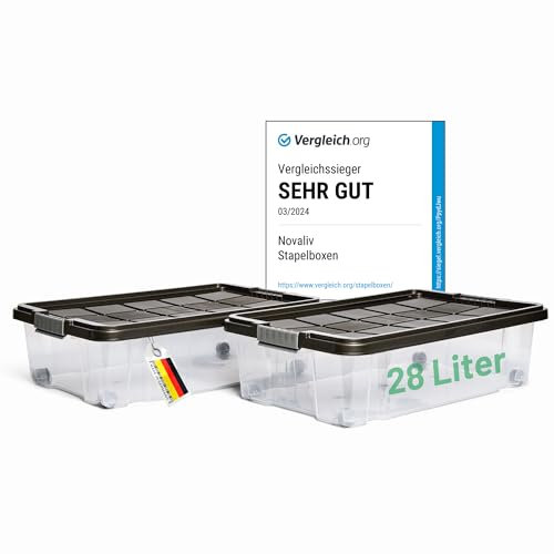 Novaliv 2x Unterbettkommode mit Rollen 28L Aufbewahrungsbox Deckel Anthrazit Nestbar stapelbare mit Clipverschluss Rollkiste BPA-frei 61x40x17 cm