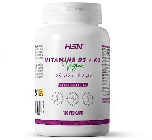 HSN Vitamina D3 + K2 Vegana (2000UI + 100mcg) | 120 cápsulas Vegetales | Colecalciferol + Menaquinona-7: Formas de Alta Biodisponibilidad | No-GMO, Libre de Gluten