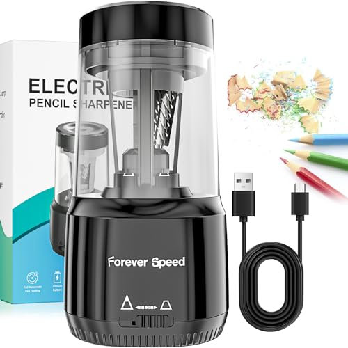 Forever Speed Elektrischer Anspitzer USB für Buntstifte, Automatischer Elektrischer Bleistiftspitzer akku für 6–8mm dicke und dünne stifte, robust, Büro, Schule, Zuhause, tragbar, Auto-Stop, Schwarz