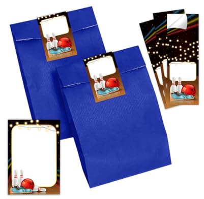 Minkocards Mitgebsel Kindergeburtstag 12 Mini-Notizblöcke + 12 Geschenktüten (blau) + 12 Aufkleber Bowlling Kegeln Bowling-Party Gastgeschenke für Jungsgeburtstag Mädchengeburtstag