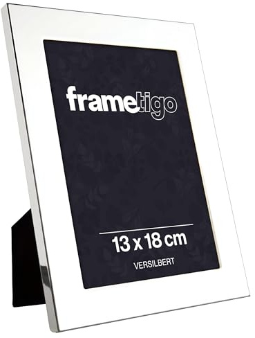 Frametigo Bilderrahmen 13x18cm – Versilberter Metallrahmen mit breitem Rand & Glas – Anlaufschutz – Samtrückseite & Ständer – Hoch- & Querformat