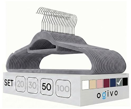 OGIVO Kleiderbügel Samt 50er Set (Grau) 360° drehbarer Haken rutschfest | Hangers Clothes, Krawattenhalter, Schulterkerben, Hosenbügel, 360° drehbarer Haken, rutschfest