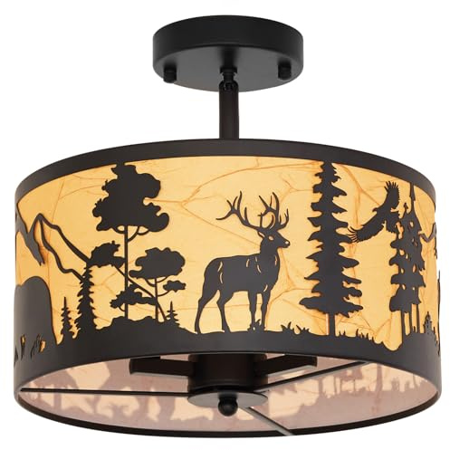 Rustic Semi-Flush Mount Ceiling Light Fixture with Slanted Installation and Lampshade, E12 Base 3-Light Round Black Metal Fixtures with Deer and Bear Design - Perfect for Kitchen, Bedroom, Foyer