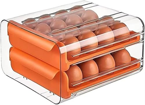 KLUFO 32 Compartimentos Huevera Cajón Organizador de Huevos Transparente Doble Cartón para Huevos Frigorífico Organizador de Huevos Ahorro de Espacio Cartón para Huevos de Cocina (Naranja)
