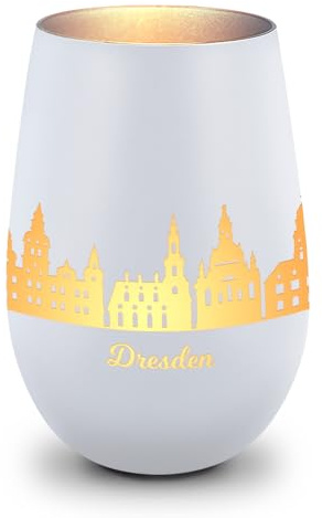 GRAVURZEILE Deko Windlicht aus Glas mit Gravur - Skyline Dresden - Hochwertige 360° Lasergravur - Dekoratives Geschenk als Andenken, Souvenir oder für Sammler zum Geburtstag - Farbe: Weiß/Silber