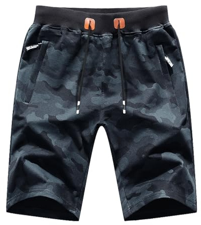 LY4U Pantalones Cortos Casuales de Verano para Hombres, Pantalones Cortos Deportivos para Gimnasios, Pantalones Cortos de Camuflaje con Bolsillos de Cuerda de Bombeo y Cremallera, Negro L