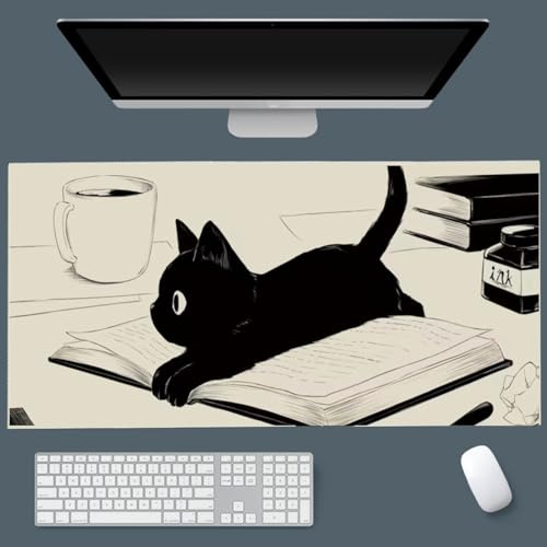 Uniqcasa Tapis de souris de jeu XXL - 80 x 40 cm - Grand tapis de souris mignon Kawaii - Grand tapis de souris d'ordinateur - Pour la maison et le bureau - Chat noir lisant