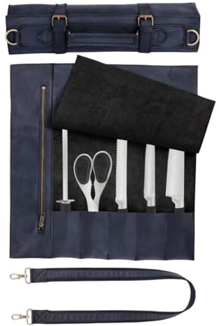 Rotolo portacoltelli, in pelle blu cerata, realizzato a mano, in pelle pieno fiore, porta attrezzi, borsa arrotolabile per coltelli, regalo di compleanno da cuoco, custodia per coltelli da chef, Blu