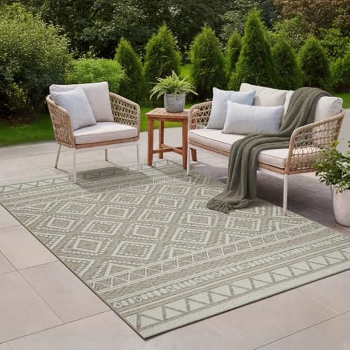 the carpet Calgary - Outdoor Teppich Wetterfest für Balkon & Terrasse, Robuster Flachgewebe Teppich für Garten, Pflegeleicht In- & Outdoor, Boho Vintage Design, Beige, 300 x 400 cm