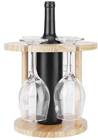 SUPYINI Botellero de madera pequeño, soporte para vasos de cristal, organizador de vasos de cristal, soporte para vasos de cerveza, 6 tazas y 1 escurreplatos para botellas de vino