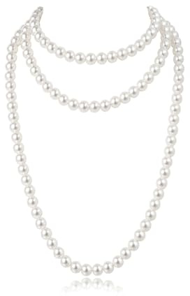 QSZHSL Perlenkette weiß 150 cm, Vintage Perlenkette, 1920s Gatsby Kostüm Accessoires Lange Perle Halskette, Perlenkette Damen, 1920er Jahre Runde Perlenkette Lange Perlenkette für Damen (1 Pcs)