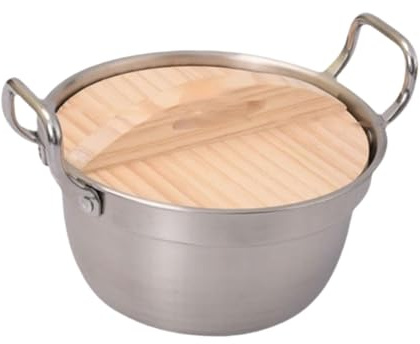 JISADER Ramen Pot Hotpot Wear Resistant with Wooden Lid Lightweight Small-size with Handles Stewpot Saucepan for Home Commercial Use, Silver