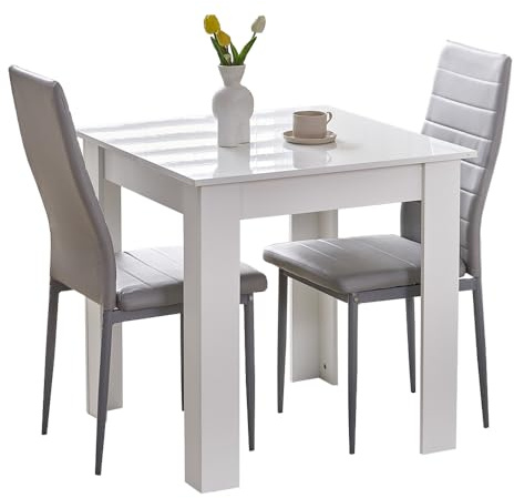 Rainbow Tree Modern 3 Piece Dining Room Table and Chairs Set, Wooden Square Table with 2 Chairs for Small Space Apartment Space Saving (White Table+2 Grey PU Chair)