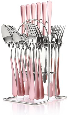 Flatware Set with Stand, 24 Pieces Stainless Steel Cutlery Set with Holder, Knife Fork Spoon Hanging Flatware Setfor 6 Person, Modern Kitchen Eating Utensils Set (Pink)