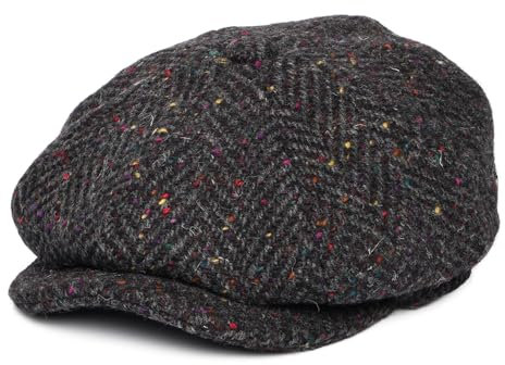 Jaxon & James Heavyweight Donegal Tweed Herringbone Errigal Newsboy Cap - Charcoal-Multi - Large