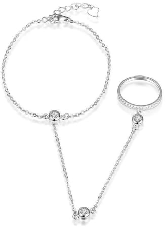 PBFELY Ring fingerarmband tillverkat av 925 sterling silver med CZ stenar handkedja dansare slavarmband för kvinnor tonåringar och ring, En storlek, Sterlingsilver, Cubic Zirconia