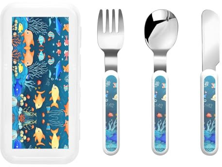 Blue Underwater World of Fish Kids Knife, Fork and Spoon 3-Piece Set, Stainless Steel Safe Cutlery Set, Outdoor Portable Reusable Cutlery