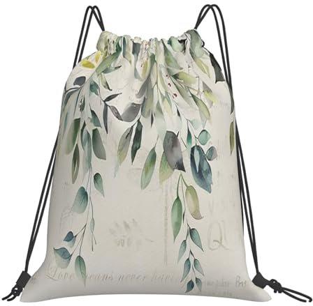 Sportrucksack Eukalyptusblätter Salbei Pflanzen Blumen Retro Buchstaben Beige Stoff Beutel Hipster Gymsack Unisex Rucksack Für Damen Strand Freizeit 36X42Cm