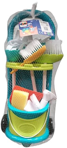 Kids Cleaning Set with Trolley, 11pc, Educational Play Housekeeping Tools, Turquoise and Lime Green