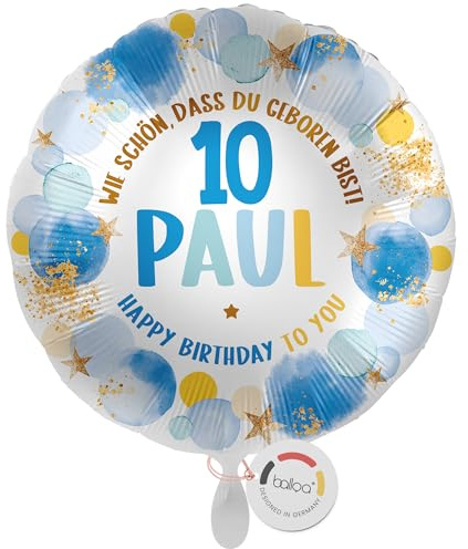 balloa Personalisierter Ballon mit Namen, Geschenk zum 10. Geburtstag für Jungen, Folienballon mit Zahl und Wunschtext, Helium Ballon Kindergeburtstag Deko Jungenparty Überraschung, 33cm