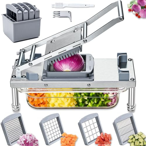 Stainless Steel Vegetable Chopper with 4 Blades - Mandoline Slicer-Pro Food Chopper with Container - Veggie Salad Onion Chopper - Potato Dicer - Tomato Cutter - Cheese Grater | Stainless Steel Construction, Fruit Potato Salad Dicer, Dishwasher Safety, Easy Cleaning, Safety Hand Guards