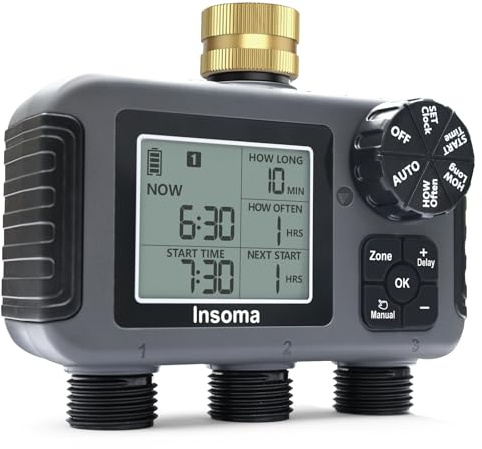 Insoma 3-Zone Sprinkler Timer with Brass Inlet + IPX5 Waterproof | Programmable Auto/Manual Irrigation Mode with Rain Delay & Large LCD | Water Hose Timer 3 Outlets for Garden, Lawn, Yard, Pool