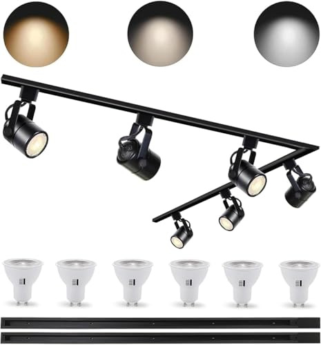 Bravsekai Schwarzes Dimmbares LED-Beleuchtungsset, 10W 3CCT GU10 Track Head mit 2x1m H-Schiene, 3000K/4000K/6000K einstellbar, kommerzieller Deckenstrahler mit 6 austauschbaren GU10-Lampen