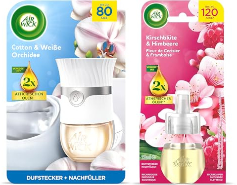 Air Wick Duftstecker Starter-Set Paket inklusive 1 Geräte & 1 x 13ml Cotton & Weiße Orchidee Nachfüller & 1 x Kirschblüte & Himbeere 19ml Nachfüller