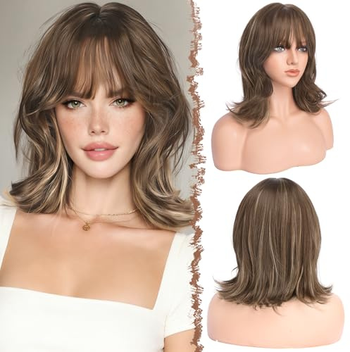 FESHFEN Perruque Bob Ondulés avec Frange - Perruques Ondulée à Couches Naturelle Femmes Synthétiques Perruque de Cheveux Fêtes Quotidienne, 35 cm Brun Mélangé à du Blond Miel